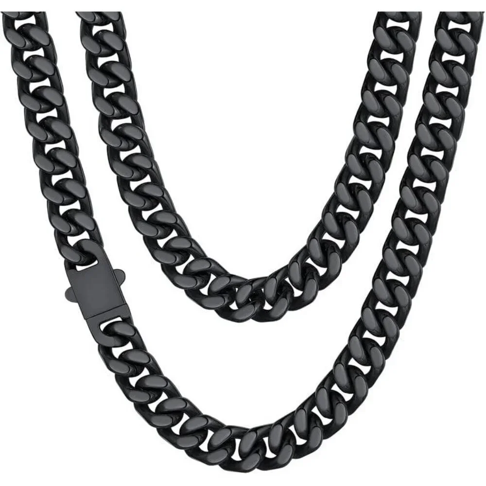 Men's 12mm Width Steel Black 18K Gold Plated Cuban Durable Hip Hop Chain Jewelry
